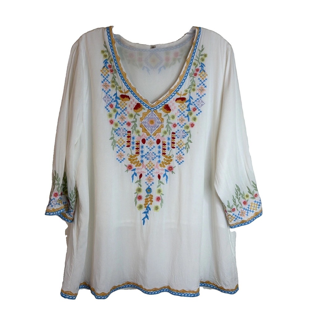 Feminine Embroidered Tunic Top with Long Tiered Bell Sleeves XL - Picture 1 of 11